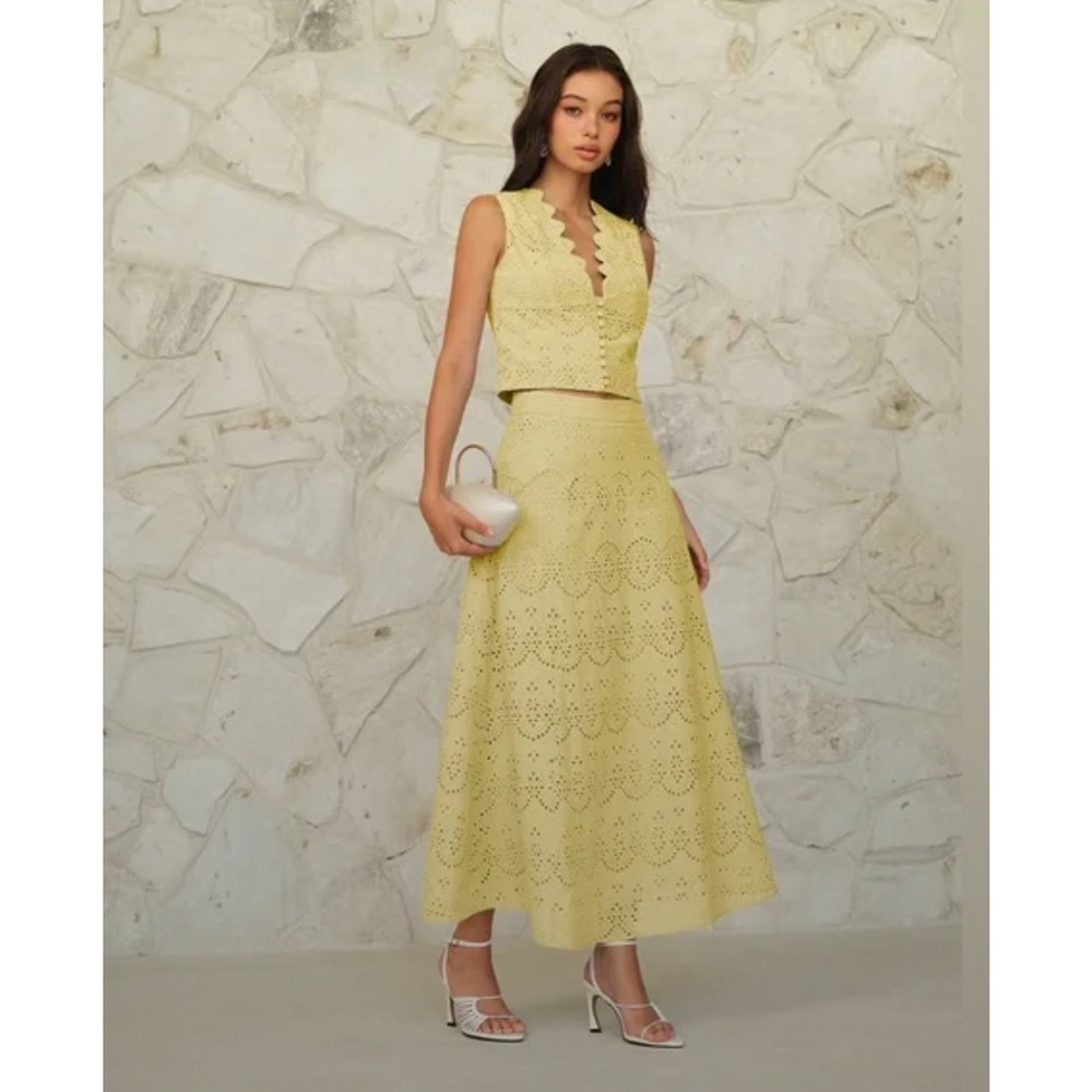 - NWT Commense Eyelet Pattern Maxi Skirt Yellow Sz L